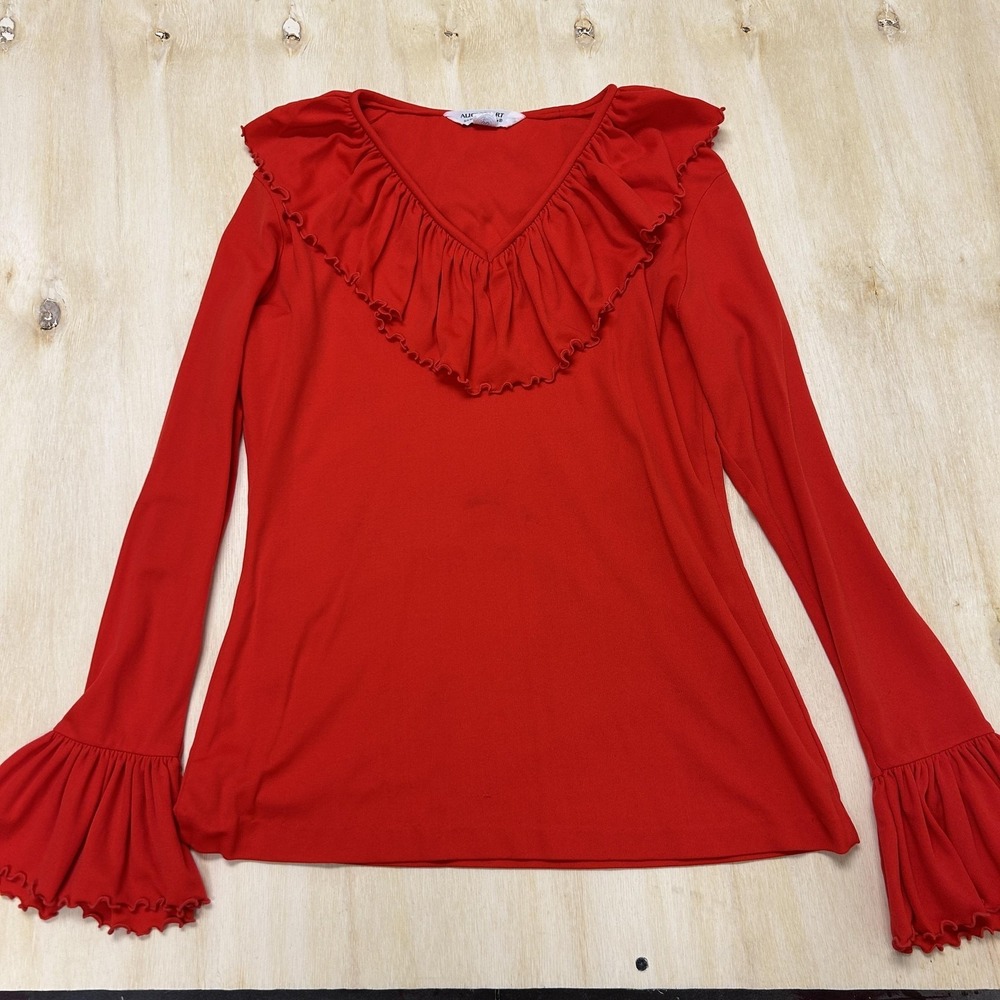 Vintage Alice Stuart Blouse Womens Medium Red Ruffle Bell Sleeve Union Made Top